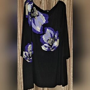 Style & Co Black Floral Embellished‎ 3X Plus Size Top 3/4 Sleeve Boat Neck
